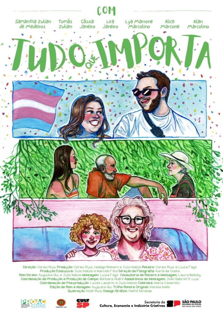 Pôster ilustrado com o título "Tudo Que Importa" em letras verdes e com um estilo vibrante, cercado de confetes coloridos. A imagem é dividida em três seções horizontais. Na parte superior, há um casal sorrindo: uma mulher branca com cabelo médio escuro, vestindo blusa azul com a bandeira do orgulho trans ao fundo, e um homem de barba, óculos de sol e camiseta branca. No centro, há uma mulher de perfil com cabelo castanho, vestindo uma regata listrada e um casal idoso sorridente à frente: um homem com barba branca, usando camisa vermelha, e uma mulher com cabelo curto, branco e um chapéu grande de sol, também na cor branca. Na parte inferior, há uma criança loira de cabelos cacheados, sorrindo e usando uma camiseta branca. Ao lado, temos uma mulher idosa de cabelo grisalho e usando óculos preto e uma camisa branca com detalhes em rosa. No rodapé, aparecem logotipos e créditos de produção, incluindo referências à Secretaria de Cultura e Economia Criativa do Estado de São Paulo.